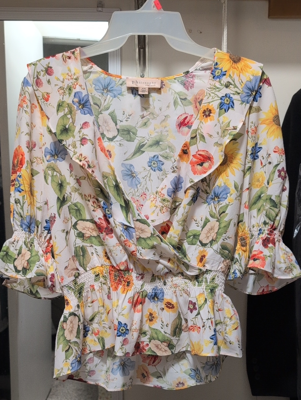 Philosophy White Floral Ruffle Wrap Top with Multicolor Blooms